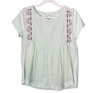 Sundance Floral Embroidered Pleated Short Sleeve Cotton Blouse Top Green